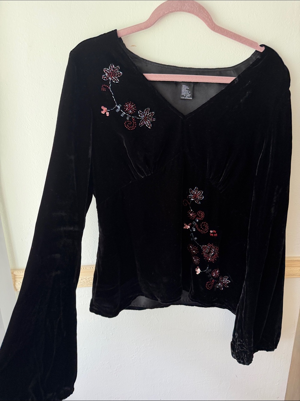 Carole Little Large Black Velvet Floral Silk Rayon Embroidered Whimsigoth Top